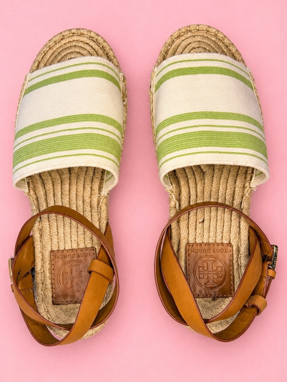 Tory Burch Green Ivory Awning Stripe Espadrille Wrap Sandals 7.5